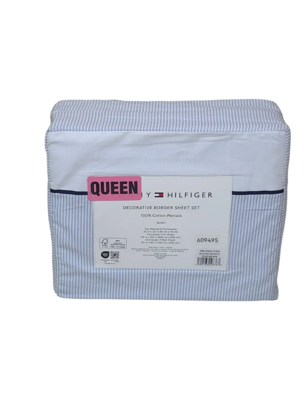 Tommy Hilfiger Decorative Border Queen Sheet Set 100% Cotton Percale Blue